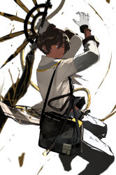 Rule 34 | 1boy, arknights, arms up, bag, black bag, black footwear, black pants, black shirt, boots, brown hair, closed mouth, commentary request, dark-skinned male, dark skin, double-parted bangs, earclip, expressionless, falling, foot out of frame, from side, glove cuffs, gloves, hair between eyes, high ponytail, highres, holding, holding sword, holding weapon, jacket, knees up, kojica (kojica45), long bangs, long sleeves, looking at viewer, looking to the side, male focus, open clothes, open hand, open jacket, orange eyes, pants, ponytail, shirt, short hair, short ponytail, shoulder bag, shoulder strap, sideways glance, simple background, sleeve cuffs, solo, sword, thorns (arknights), weapon, white background, white gloves, white jacket