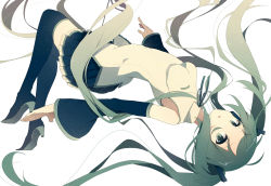 Rule 34 | 1girl, bad id, bad pixiv id, boots, detached sleeves, full body, green eyes, green hair, hatsune miku, high heels, long hair, looking at viewer, matching hair/eyes, natsume3304, simple background, skirt, solo, thigh boots, thighhighs, twintails, very long hair, vocaloid, white background