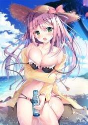 Rule 34 | 1girl, bare shoulders, beach, bikini, black bikini, blush, bow, breasts, cleavage, day, green eyes, hat, large breasts, lens flare, long hair, looking at viewer, multi-strapped bikini, navel, off shoulder, open mouth, original, outdoors, pink hair, ramune, sitting, solo, sousouman, straw hat, sun hat, swimsuit, wet