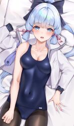 Rule 34 | 1girl, ayaka (genshin impact), bare shoulders, bed, black pantyhose, blue eyes, blue hair, blue one-piece swimsuit, blue skirt, blunt bangs, blunt tresses, blush, breasts, cameltoe, cleavage, collarbone, covered navel, dress, feet out of frame, flower knot, from above, genshin impact, hair ribbon, highres, light blue hair, long hair, looking at viewer, matrix16, medium breasts, mole, mole under eye, neckerchief, old school swimsuit, one-piece swimsuit, open clothes, open mouth, open shirt, pantyhose, pantyhose under swimsuit, pillow, pleated dress, pleated skirt, ponytail, ribbon, sailor collar, sailor shirt, school swimsuit, school uniform, serafuku, shirt, skirt, unworn skirt, solo, swimsuit, tress ribbon
