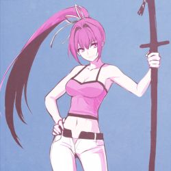 Rule 34 | 1girl, blue background, hair ribbon, hand on own hip, katana, looking to the side, midriff, open zipper, pants, pink eyes, pink hair, pink tank top, ponytail, ribbon, slit pupils, smile, solo, sword, tagme, tank top, tb (spr1110), under night in-birth, unzipped, weapon, white pants, yuzuriha (under night in-birth)