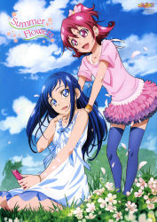 Rule 34 | 2girls, :d, absurdres, aida mana, animage, bare shoulders, blouse, blue eyes, blue hair, blue sky, blurry, bow, cloud, day, depth of field, digital media player, dokidoki! precure, earphones, english text, eyelashes, flower, frills, grass, half updo, hands on shoulders, highres, hishikawa rikka, holding digital media player, holding hands, long hair, media player interface, multiple girls, official art, on ground, open mouth, outdoors, petals, pink bow, pink eyes, pink hair, pink shirt, poster (medium), precure, scan, shared earphones, shirt, short hair, short sleeves, sitting, sky, sleeveless, smile, standing, takahashi akira, thighhighs, wariza, wristband, zettai ryouiki