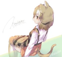 Rule 34 | 10s, apron, bow, bowtie, brown hair, kemono friends, long sleeves, multicolored hair, short hair, signature, sitting, skirt, solo, striped, tatsuno newo, thighhighs, thylacine (kemono friends), thylacine ears, thylacine tail