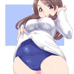 Rule 34 | 10s, 1girl, brave witches, brown eyes, brown hair, cameltoe, karibuchi takami, katuhata, long hair, military, military uniform, navel, open mouth, strike witches, swimsuit, swimsuit under clothes, thighs, world witches series