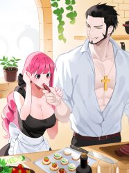 Rule 34 | 1boy, 1girl, apron, beard, belt, black dress, black hair, black pants, blunt bangs, bottle, bread, bread slice, breasts, brown belt, cleavage, cream, cross pendant, cucumber, cup, dracule mihawk, dress, drill hair, drinking glass, eyelashes, facial hair, food, giving food, joman, kitchen, knife, large breasts, long hair, long sideburns, looking down, meat, mustache, one piece, pants, perona, pink hair, pink nails, plant, plate, potted plant, shirt, short hair, sideburns, single sidelock, sliced meat, third-party source, toast, tomato, wall, white apron, white shirt, wine glass, yellow eyes