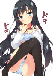 Rule 34 | 1girl, asashio (kancolle), asashio kai ni (kancolle), beritabo, black dress, black hair, black thighhighs, blue bra, blue eyes, blue panties, blush, bow, bow bra, bra, breasts, closed mouth, collared shirt, dress, feet out of frame, hand up, head tilt, highres, kantai collection, long hair, off shoulder, open clothes, open shirt, panties, pleated dress, shirt, simple background, small breasts, smile, solo, strap slip, thighhighs, training bra, underwear, very long hair, white background, white shirt