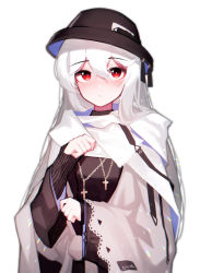 Rule 34 | 1girl, absurdres, arknights, beudelb, black dress, black hat, blush, clenched hands, commentary, cross, cross necklace, dress, hat, highres, jewelry, long hair, long sleeves, looking at viewer, necklace, official alternate costume, parted lips, red eyes, scarf, silver hair, simple background, solo, specter (arknights), specter (undercurrent) (arknights), upper body, white background, white scarf