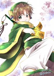 Rule 34 | 1boy, artist request, brown eyes, brown hair, cardcaptor sakura, closed mouth, commentary, dated, green hat, hat, li xiaolang, looking at viewer, looking down, male focus, short hair, solo, tagme, white legwear