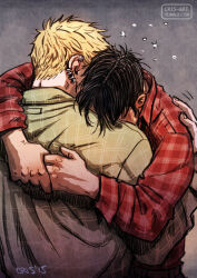 Rule 34 | 2boys, arms around neck, bad id, bad tumblr id, bara, black hair, blonde hair, blush, comforting, couple, cris art, drunk, ear blush, from behind, hand on another&#039;s back, head on another&#039;s shoulder, heads together, hug, hulkling, long sideburns, male focus, marvel, multiple boys, mutual hug, red shirt, shirt, short hair, sideburns, squeans, thick eyebrows, upper body, wiccan, yaoi