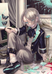 Rule 34 | 1boy, bad id, bad pixiv id, black footwear, black jacket, black neckerchief, blue butterfly, bug, butterfly, chalice, commentary request, cup, curtains, formal, grey pants, hand on own knee, highres, holding, insect, jacket, knee up, long sleeves, looking at viewer, male focus, neckerchief, on floor, original, paint, paint splatter, palette knife, pants, picture frame, ponytail, sitting, smile, solo, spill, yumeichigo alice