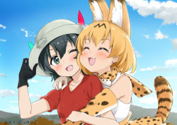 Rule 34 | 10s, 2girls, ;d, ^ ^, adjusting clothes, adjusting headwear, animal ears, bad id, bad pixiv id, bare shoulders, black hair, blonde hair, blush, bow, bowtie, closed eyes, cloud, day, elbow gloves, closed eyes, gloves, happy, hat, hug, hug from behind, kaban (kemono friends), kemono friends, mokyutan, multiple girls, one eye closed, open mouth, outdoors, red shirt, serval (kemono friends), serval print, serval tail, shirt, short hair, sky, smile, tail, upper body, wavy mouth
