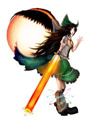 Rule 34 | 1girl, arm cannon, arugeri, black hair, black wings, bow, brown hair, cape, energy, female focus, full body, hair bow, highres, large bow, long hair, profile, red eyes, reiuji utsuho, revision, ribbon, salute, smile, solo, touhou, transparent background, waving, weapon, wings