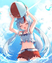 Rule 34 | 1girl, :d, ^ ^, absurdres, animal ears, arms up, ball, bare arms, bare shoulders, beachball, bikini, blue sky, blush, closed eyes, cloud, collarbone, commission, copyright request, day, facing viewer, grey hair, highres, holding, holding ball, low twintails, multicolored hair, navel, open mouth, outdoors, red hair, red shorts, sakura chiyo (konachi000), short eyebrows, short shorts, shorts, sky, smile, solo, streaked hair, swimsuit, tail, thick eyebrows, twintails, virtual youtuber, wading, water, water drop, white bikini