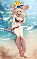 Rule 34 | 1girl, :q, absurdres, barbara (genshin impact), bare arms, bare legs, bare shoulders, barefoot, beach, bikini, black bikini, black choker, blonde hair, blue eyes, blurry, book, breasts, choker, criss-cross halter, cup, depth of field, drinking glass, flower, genshin impact, groin, hair between eyes, halterneck, hand up, hat, hat flower, highres, holding, holding cup, large breasts, long hair, looking at viewer, navel, o-ring, o-ring bikini, sitting, skindentation, smile, solo, stomach, sun hat, swimsuit, thigh strap, thighs, tongue, tongue out, twintails, water, yellow flower, yiran