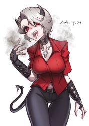 Rule 34 | 1girl, black horns, breasts, choker, cigarette, commentary request, cropped legs, dated, demon girl, demon horns, demon tail, grey hair, helltaker, highres, holding, holding cigarette, horns, junik (snrj2255), korean commentary, large breasts, medium breasts, pants, piercing, red eyes, red shirt, shirt, short hair, short sleeves, simple background, smile, smoke, smoking, solo, standing, tail, teeth, tongue, tongue out, tongue piercing, white background, zdrada (helltaker)