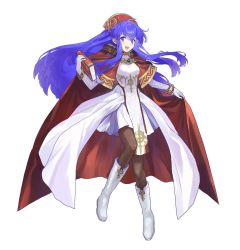 Rule 34 | 1girl, :d, blue eyes, blue hair, blush, book, boots, brown pantyhose, cape, elbow gloves, fire emblem, fire emblem: the binding blade, gloves, hat, highres, holding, holding book, lilina (fire emblem), nintendo, official alternate costume, open mouth, pantyhose, red cape, simple background, skirt, smile, solo, sqamt 0029, white background, white footwear, white gloves, white skirt