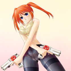Rule 34 | 00s, 1girl, blue eyes, bra, breast press, breasts, cameltoe, cleavage, gun, hip focus, large breasts, lingerie, lyrical nanoha, mahou shoujo lyrical nanoha, panties, pantyhose, red hair, see-through, solo, sweat, teana lanster, thighs, twintails, underwear, weapon, yellow bra, yellow panties