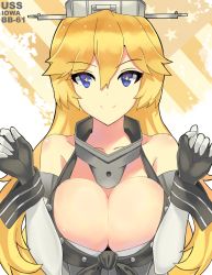 Rule 34 | 10s, 1girl, bare shoulders, blonde hair, breasts squeezed together, breasts, character name, cleavage, front-tie top, gloves, headgear, iowa (kancolle), kantai collection, large breasts, long hair, looking at viewer, purple eyes, smile, solo, star-shaped pupils, star (symbol), symbol-shaped pupils, upper body, wrist cuffs, yin2929