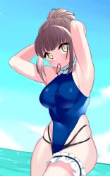 Rule 34 | 1girl, beach, blue sky, breasts, brown hair, hair bun, hair tie, hair tie in mouth, highres, kashii kaoru, large breasts, looking at viewer, mahjong soul, mouth hold, ninomiya hana, ocean, one-piece swimsuit, sky, solo, swimsuit, tight clothes, tying hair, yellow eyes