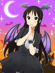 Rule 34 | 1girl, akiyama mio, bat wings, black dress, black eyes, black hair, covering face, covering own mouth, covering privates, crescent moon, dress, frills, gathers, hairband, halloween, hand on own chest, head wings, k-on!, kakiuchi itsuki, long hair, moon, solo, wings, wrist cuffs