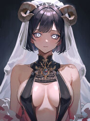 Rule 34 | 1girl, absurdres, arms at sides, bare shoulders, black background, black hair, blue eyes, breasts, breasts apart, brooch, closed mouth, covered erect nipples, dress, halter dress, halterneck, highres, horizontal pupils, horns, jewelry, looking at viewer, medium breasts, medium hair, original, plunging neckline, revealing clothes, signature, simple background, solo, sooon, straight-on, swept bangs, upper body, veil