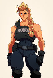 Rule 34 | 1girl, absurdres, belt, belt buckle, biceps, black gloves, blonde hair, blue eyes, blue pants, braid, buckle, bulletproof vest, clenched hands, commentary, david liu, english commentary, estel aguirre, gloves, hair over shoulder, highres, knee pads, long braid, making-of available, medium hair, muscular, muscular female, pants, police, police uniform, policewoman, pompadour, sega, serious, simple background, single braid, sleeveless, solo, standing, streets of rage, streets of rage 4, thick thighs, thighs, undercut, uniform, walkie-talkie, white background