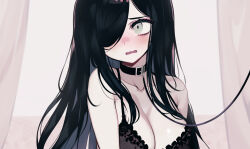 Rule 34 | 1girl, animal collar, aria wintermint, bare shoulders, black bra, black choker, black hair, blush, bra, breasts, choker, cleavage, collar, collarbone, commentary, embarrassed, english commentary, green eyes, hair over one eye, lace, lace bra, large breasts, lingerie, long hair, looking to the side, parororo, solo, swept bangs, tearing up, the crawling city, underwear, wavy hair