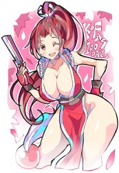 Rule 34 | 1girl, ass, blush, breasts, brown hair, cleavage, copyright name, enpe, fatal fury, folded fan, folding fan, gloves, hand fan, hand on own hip, highres, huge ass, large breasts, legs, looking at viewer, no panties, one eye closed, open mouth, pelvic curtain, ponytail, red eyes, red hair, shiranui mai, smile, snk, snk heroines: tag team frenzy, solo, the king of fighters, thighs, wide hips, wink
