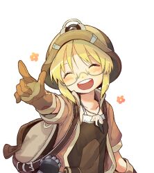 Rule 34 | 1girl, ^ ^, backpack, bag, blonde hair, blush, brown gloves, brown hat, brown jacket, brown shirt, child, chinese commentary, closed eyes, collarbone, collared jacket, commentary request, elbow gloves, facing viewer, flower (symbol), glasses, gloves, happy, hat, helmet, huaihuaijikuai, jacket, jewelry, made in abyss, medium hair, open clothes, open jacket, open mouth, outstretched arm, pendant, pointing, pointing forward, riko (made in abyss), semi-rimless eyewear, shirt, simple background, solo, under-rim eyewear, upper body, white background
