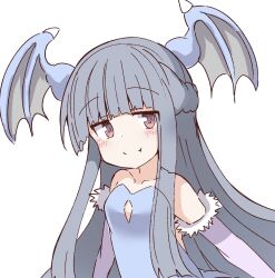 Rule 34 | 1girl, blue hair, blue leotard, blush, cleavage cutout, clothing cutout, commentary, demon girl, demon wings, dot nose, elbow gloves, fang, flat chest, fur-trimmed gloves, fur trim, gloves, head wings, highres, idolmaster, idolmaster cinderella girls, jitome, leotard, long hair, looking at viewer, purple gloves, red eyes, sajo yukimi, sidelocks, smile, solo, symbol-only commentary, umberblack, upper body, white background, wings