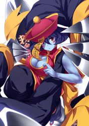 Rule 34 | &gt;:/, 1girl, :/, bare arms, blue hair, blue skin, blush, blush stickers, breasts, chinese clothes, claws, cleavage, cleavage cutout, closed mouth, clothing cutout, colored skin, flipped hair, foreshortening, hat, highres, jiangshi, large breasts, lei lei, long sleeves, looking at viewer, ofuda, qingdai guanmao, red eyes, short hair, solo, ugume, v-shaped eyebrows, vampire (game)