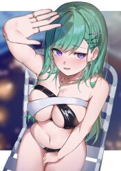 Rule 34 | 1girl, bare shoulders, bikini, blush, breasts, earrings, green hair, hand up, highres, jewelry, large breasts, long hair, looking to the side, mole, mole on breast, navel, necklace, on chair, open mouth, purple eyes, ringozeri, sitting, solo, swept bangs, swimsuit, virtual youtuber, vspo!, yakumo beni