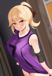 Rule 34 | 1girl, bare shoulders, blonde hair, blurry, blurry background, blush, breasts, closed mouth, collarbone, commentary, commentary request, elbow pads, hair between eyes, hair ornament, huyumitsu, jersey, large breasts, looking at viewer, original, ponytail, sleeveless, smile, solo, yellow eyes