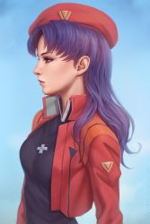 Rule 34 | 1girl, artist name, beret, black shirt, blouse, blue background, breasts, brown eyes, closed mouth, cropped jacket, cross, cross necklace, earrings, expressionless, gradient background, hat, highres, jacket, jewelry, katsuragi misato, lips, long hair, long sleeves, mature female, medium breasts, miura-n315, necklace, neon genesis evangelion, open clothes, open jacket, parted bangs, purple hair, realistic, red hat, red jacket, shirt, solo, stud earrings, upper body, watermark, web address