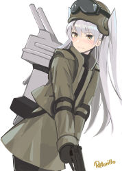Rule 34 | 10s, 1girl, alternate costume, amatsukaze (kancolle), artist name, bad id, bad pixiv id, commentary request, goggles, goggles on head, gun, helmet, highres, kantai collection, long hair, rensouhou-kun, retorillo, silver hair, simple background, two side up, weapon, white background, yellow eyes