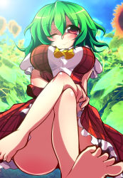 Rule 34 | 1girl, absurdres, ascot, ass, barefoot, breasts, breasts apart, crossed legs, feet, flower, foot focus, from below, geo (yukishitadou), green hair, hand on thigh, highres, impossible clothes, impossible shirt, kazami yuuka, large breasts, legs, looking at viewer, one eye closed, plaid, plaid skirt, plaid vest, red eyes, shirt, short hair, sitting, skirt, skirt set, smile, solo, sunflower, touhou, upskirt, vest, wink