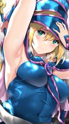 Rule 34 | 1girl, arm up, armpits, bare shoulders, blonde hair, blush, breasts, closed mouth, covered navel, dark magician girl, duel monster, female focus, from below, green eyes, hair between eyes, hand up, hat, highres, holding, holding staff, large breasts, long hair, looking at viewer, nonohachi, shiny clothes, solo, staff, upper body, wizard hat, yu-gi-oh!