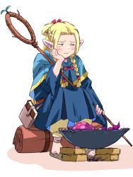 Rule 34 | 1girl, akayama yukihe, blonde hair, blue capelet, blue dress, blush, braid, capelet, closed mouth, commentary, cooking pot, dress, dungeon meshi, elf, french braid, frown, full body, furrowed brow, green eyes, hand on own cheek, hand on own face, hand up, highres, holding, holding staff, jitome, knees up, long dress, long hair, long sleeves, looking to the side, low-braided long hair, low-tied long hair, mage staff, marcille donato, parted bangs, pointy ears, sandals, simple background, sitting, sketch, solo, staff, twin braids, white background, wide sleeves