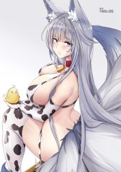 Rule 34 | 1girl, animal ear fluff, animal ears, animal print, artist name, ass, azur lane, bare shoulders, bell, bikini, breasts, collar, cow print, elbow gloves, fox ears, fox tail, from behind, gloves, grey background, highres, holding, large breasts, long hair, looking at viewer, looking back, manjuu (azur lane), neck bell, pixiv username, red collar, shinano (azur lane), simple background, sitting, solo, swimsuit, tail, thighs, tnolize, untied bikini, white bikini, white gloves, white legwear