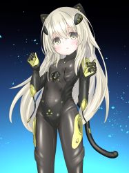 Rule 34 | 1girl, animal ears, arms up, black bodysuit, black gloves, blonde hair, bodysuit, breasts, brown hair, cat ears, cat tail, character request, copyright request, fake animal ears, fake tail, gloves, headgear, highres, langley1000, long hair, looking at viewer, open mouth, pilot suit, skin tight, small breasts, solo, tail, thighs