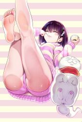 Rule 34 | 1girl, 1other, against fourth wall, ass, ayakashi triangle, barefoot, blush, cat, cat loaf, cleaned, closed eyes, commentary, derivative work, eating, english commentary, feet, food, foot out of frame, from below, hair ornament, hairclip, happy, highres, kanade suzu, momocchi18, official art, pajamas, pawpads, pudding, purple hair, shirogane (ayatora), short hair, smile, soles, striped, striped background, toes, yabuki kentarou