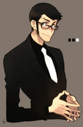 Rule 34 | 1boy, arsene lupin iii, bad id, bad pixiv id, black hair, black jacket, brown-framed eyewear, brown background, closed mouth, fingers together, formal, glasses, jacket, long sleeves, looking at viewer, lupin iii, male focus, necktie, simple background, smile, solo, suit, thick eyebrows, toujou sakana, upper body, white necktie