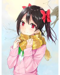 Rule 34 | 1girl, bad id, bad pixiv id, black hair, bow, branch, cardigan, flat (joppin karu!), hair bow, highres, long sleeves, looking at viewer, love live!, love live! school idol project, pink cardigan, red bow, red eyes, scarf, school uniform, smile, solo, twintails, upper body, yazawa nico, yellow scarf