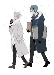 Rule 34 | 2boys, absurdres, arm at side, azul ashengrotto, bag, baozi, black footwear, black gloves, black hair, black pants, blue coat, blue eyes, blue hair, blush, brown footwear, coat, collared shirt, cup, disposable cup, earrings, food, food in mouth, full body, fur-trimmed coat, fur-trimmed hood, fur trim, glasses, gloves, grey coat, grey hair, hand in pocket, hand up, highres, holding, holding bag, holding cup, hood, hood down, hooded coat, hyakutennnn, jade leech, jewelry, long sleeves, looking away, male focus, mole, mole under mouth, mouth hold, multicolored hair, multiple boys, necktie, pants, paper bag, profile, scarf, shirt, shoes, shopping bag, short hair, snowing, socks, streaked hair, striped necktie, twisted wonderland, walking, white background, white scarf, white shirt, winter, winter clothes, yellow eyes