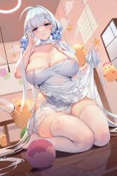 1girl absurdres ahoge alternate_costume apron apron_lift azur_lane breasts cleavage clothes_lift dress highres illustrious_(azur_lane) illustrious_(our_private_&quot;study&quot;_session)_(azur_lane) large_breasts lifting_own_clothes long_hair looking_at_viewer manjuu_(azur_lane) mole mole_under_eye panties pantyshot purple_eyes seiza sitting smile strapless strapless_dress swd3e2 thighhighs tri_tails underwear white_apron white_dress white_hair white_panties white_thighhighs