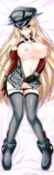 Rule 34 | 10s, 1girl, absurdres, armband, bed sheet, bismarck (kancolle), black panties, blonde hair, blue eyes, blush, boots, breasts, brown gloves, cross, dakimakura (medium), detached sleeves, full body, gloves, grey thighhighs, hat, highres, huge filesize, iron cross, kadorado, kantai collection, large breasts, long hair, lying, nipples, on back, panties, peaked cap, pussy, solo, thigh boots, thighhighs, uncensored, underwear, unzipping, zipper