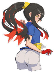 Rule 34 | 1girl, absurdres, ass, black hair, blush, breasts, carmine (pokemon), colored inner hair, creatures (company), cropped legs, crossed bangs, eyelashes, game freak, gonzarez, hair between eyes, hairband, high ponytail, highres, long hair, looking at viewer, mole, mole under eye, multicolored hair, nintendo, pokemon, pokemon sv, ponytail, red hair, simple background, small breasts, solo, two-tone hair, white background, yellow eyes, yellow hairband