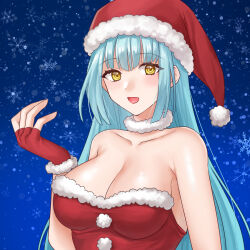 Rule 34 | 1girl, :d, bare shoulders, blue hair, breasts, character request, cleavage, commentary request, copyright request, fingerless gloves, gloves, hat, hazuki (nyorosuke), highres, large breasts, long hair, looking at viewer, open mouth, red gloves, red hat, santa costume, santa hat, smile, solo, strapless, upper body, very long hair, yellow eyes