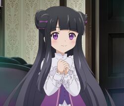 Rule 34 | 1girl, black hair, dress, highres, licorice mille huarek, long hair, looking at viewer, okashi na tensei, own hands together, purple eyes, smile, solo, stitched, third-party edit, very long hair