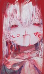 Rule 34 | 1girl, albino, blood, blood from mouth, blood on clothes, blood on face, blood writing, bow, bowtie, close-up, commentary, cuts, hair between eyes, heart, heart-shaped pupils, highres, injury, looking at viewer, mercure 1104, nosebleed, original, parted lips, red eyes, solo, symbol-only commentary, symbol-shaped pupils, white hair